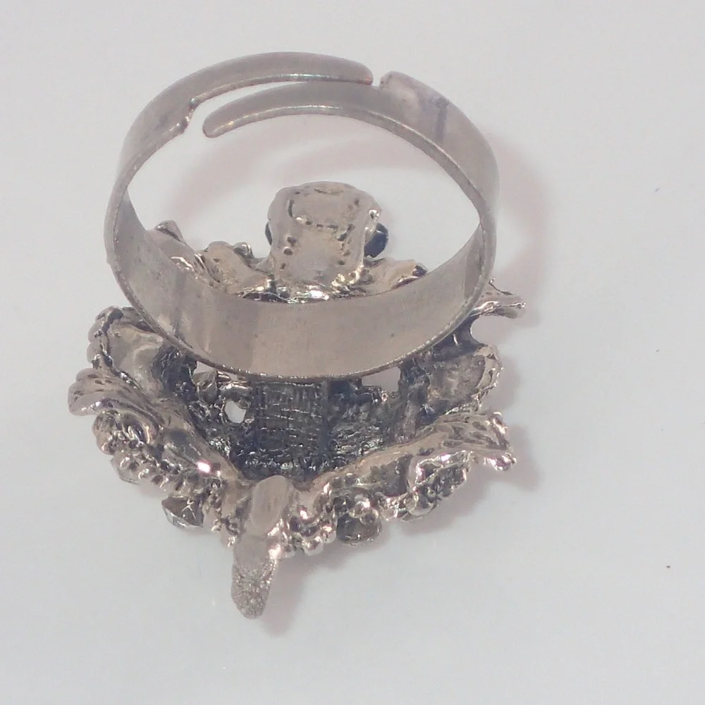 Vintage Ring Crystal Turtle Silver Adjustable Band Size 7 A Statement Piece Rare